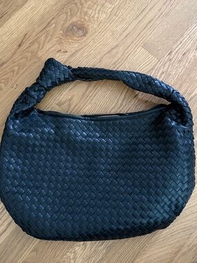 Melie Bianco Black Woven Shoulder Bag with Knotted Handle